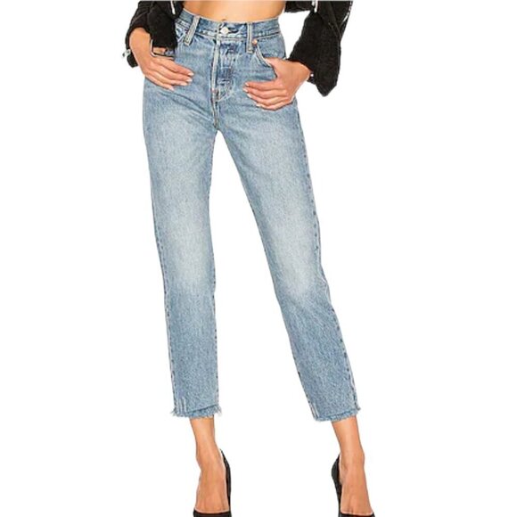 Levi's Wedgie Icon Fit Frayed Hem Button-Fly High Rise Cropped Jeans Blue 28 - Picture 1 of 11